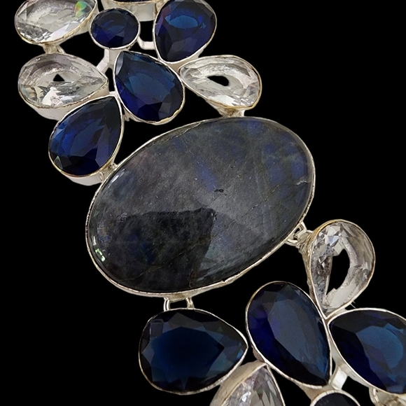 Blue sodalite gemstone bracelet silver + white topaz + blue faceted glass Q04 - Picture 13 of 14